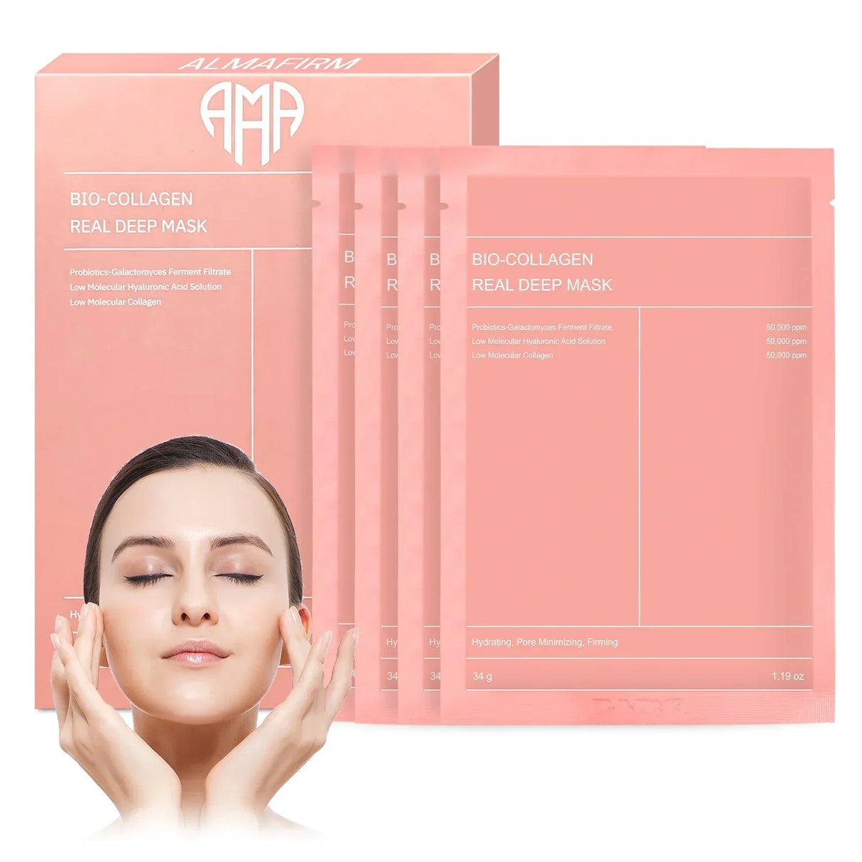 Korejska maska za obraz z biokolagenom, hialuronsko kislino, ceramidi in peptidi-1 škatlo (4 kosov)
