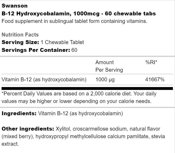 B-12 hidroksikobalamin 1000 mcg 60 žvečilne tablete