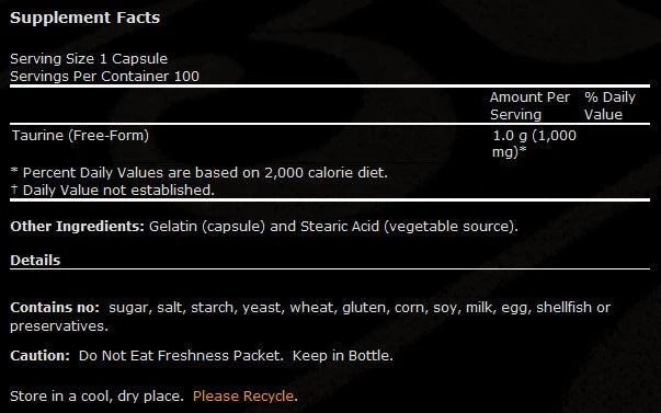 Taurin 1000 mg / dvojna trdnost - 100 kapsul