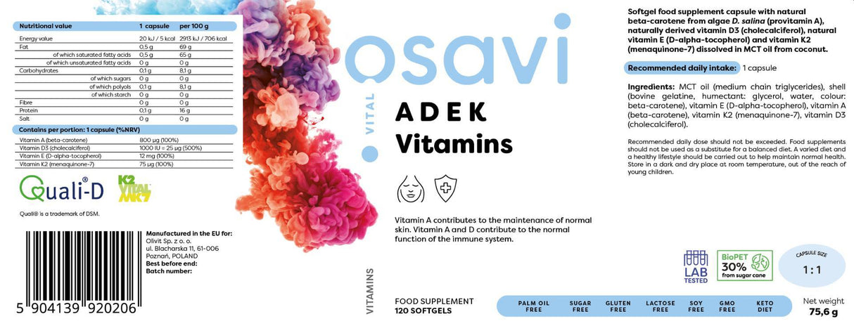 Adek vitamini | A + D + E + K | s kapsulami Quali -D® - 60 gela