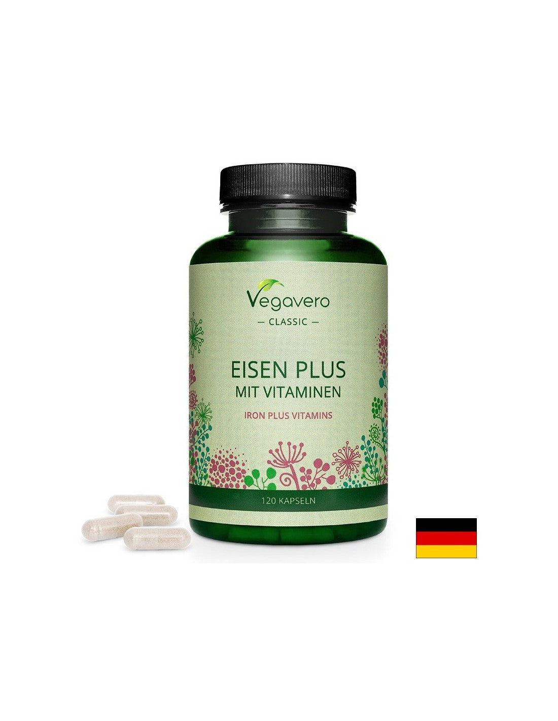 Železo + vitamini (C, B2, B6, B12 in folna kislina) - Eisen Plus Mit Vitaminen, 120 kapsul <tc>Vegavero</tc>