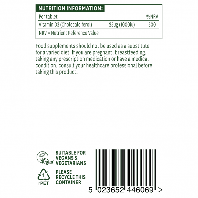 Vitamin D3 (vitamin D3) 1000iu 60 Veganske tablete Naturesaid