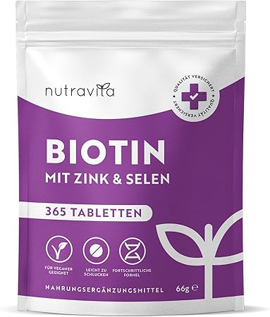 Tablete biotina + selena + cinka za kožo, lase in nohte – 365 veganskih tablet za 1 leto <tc>Nutravita</tc>
