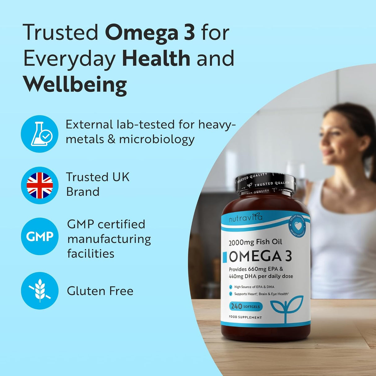 Omega 3 2000 mg /EPA 660 mg, DHA 440 mg/ Čisto ribje olje /240 kapsul, 120 odmerkov/ <tc>Nutravita</tc>