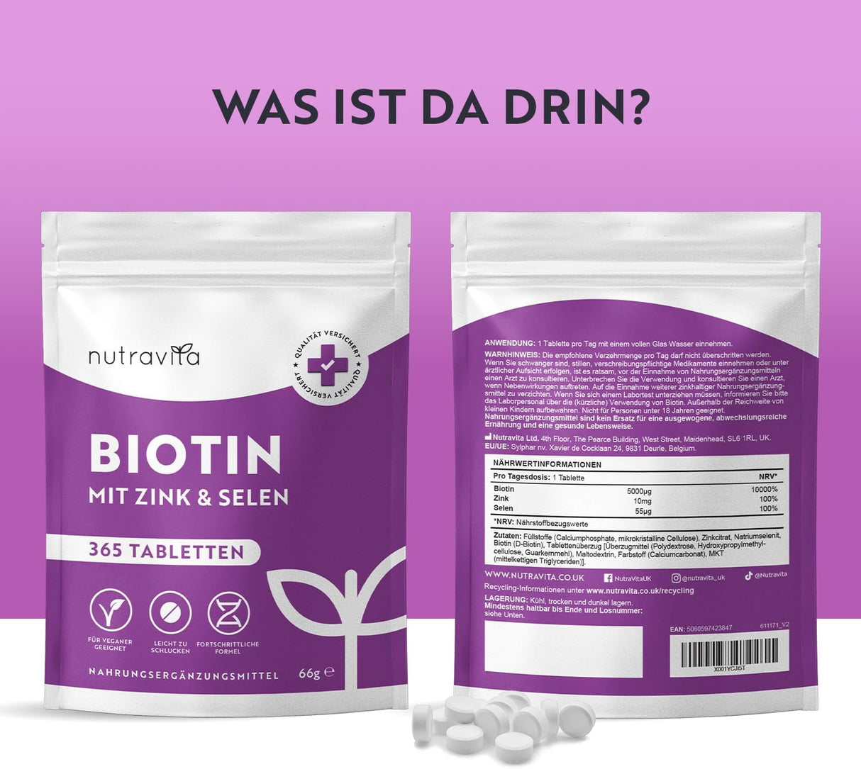 Tablete biotina + selena + cinka za kožo, lase in nohte – 365 veganskih tablet za 1 leto <tc>Nutravita</tc>