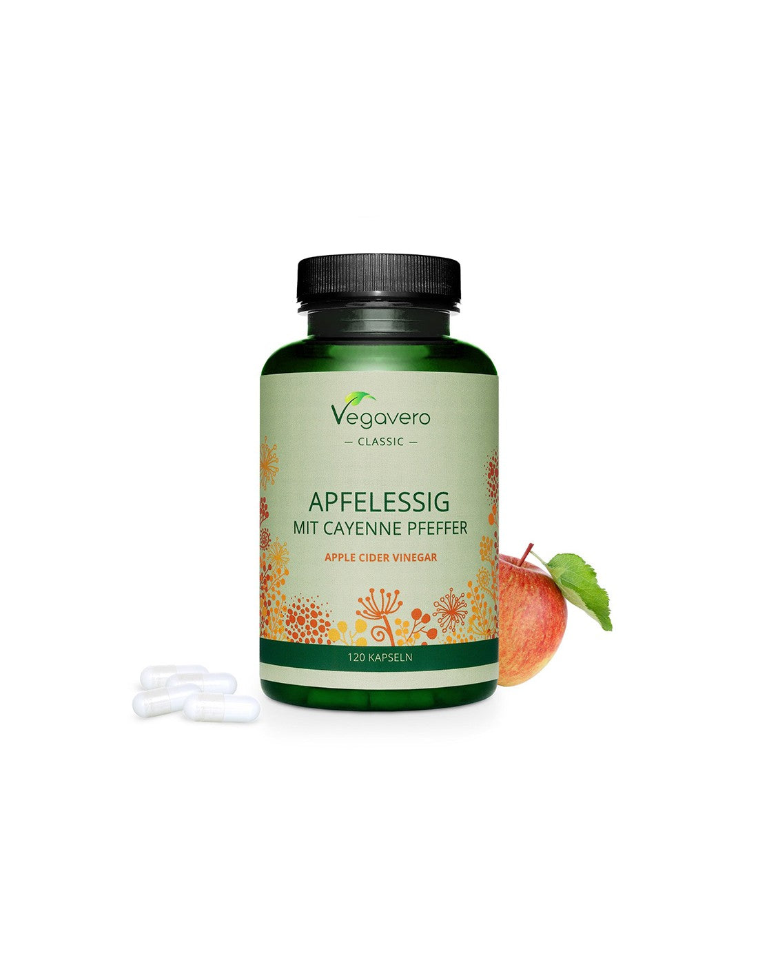 Apfelssig mit Cayenne Pfeffer - Jabolčni kis + pekoča rdeča paprika, 120 <tc>Vegavero</tc> kapsule