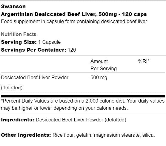 Argentinske izsušene goveje goveje jeter 500 mg 120 kapsul