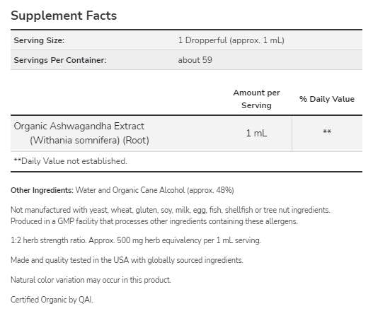 Ashwagandha Extract tekočina | Certificirani organski - 59 ml
