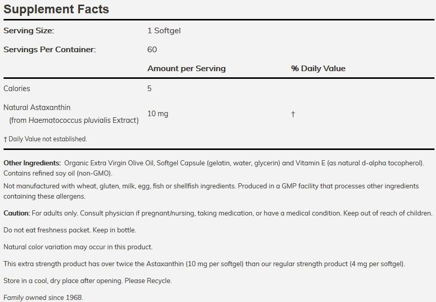 Astaxanthin 10 mg Extra Strength - 60 Softgels
