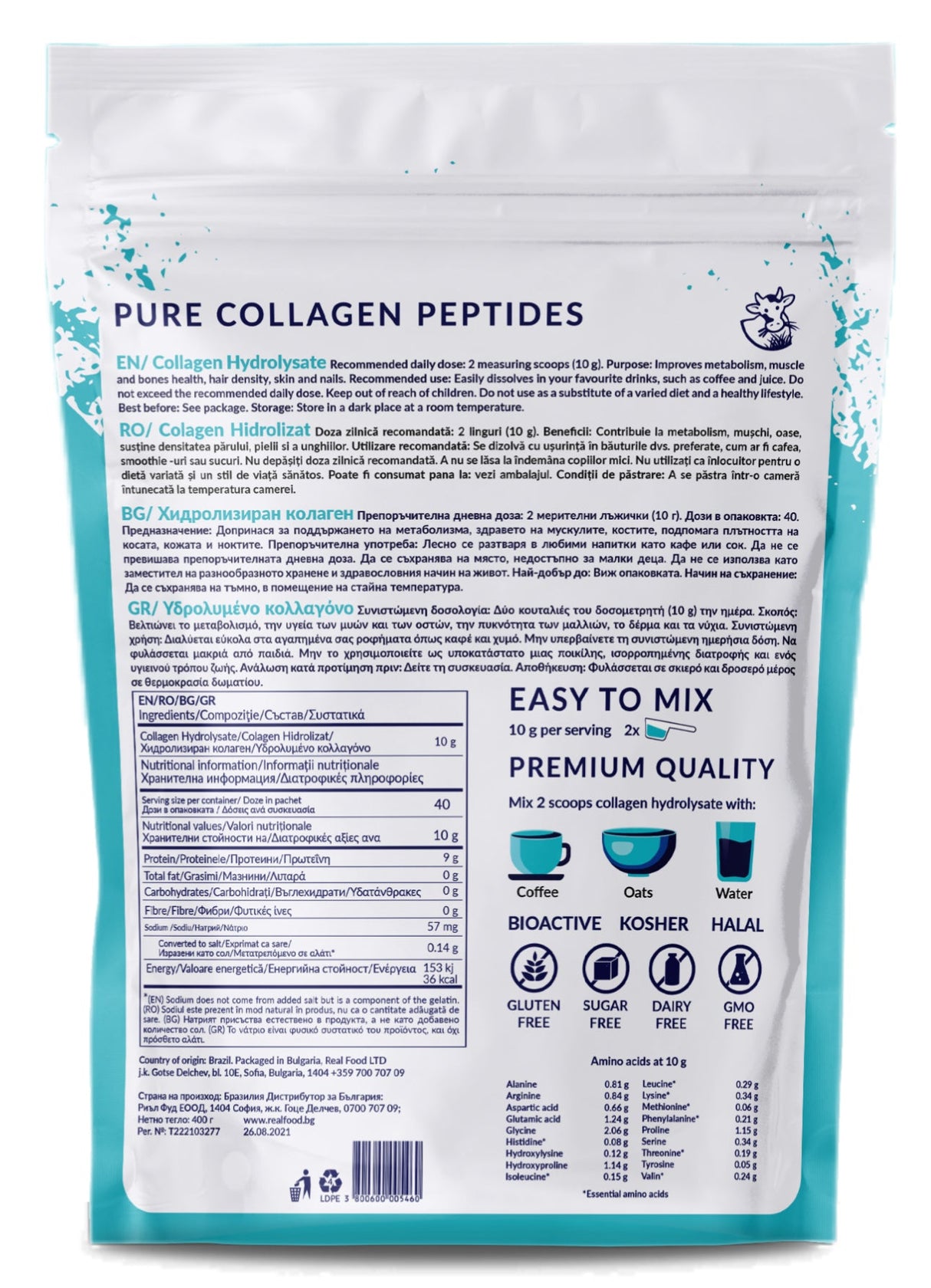 Hidrolizirani goveji kolagen tipa 1 in 3 (10.000 mg) - 40 odmerkov, 400 g