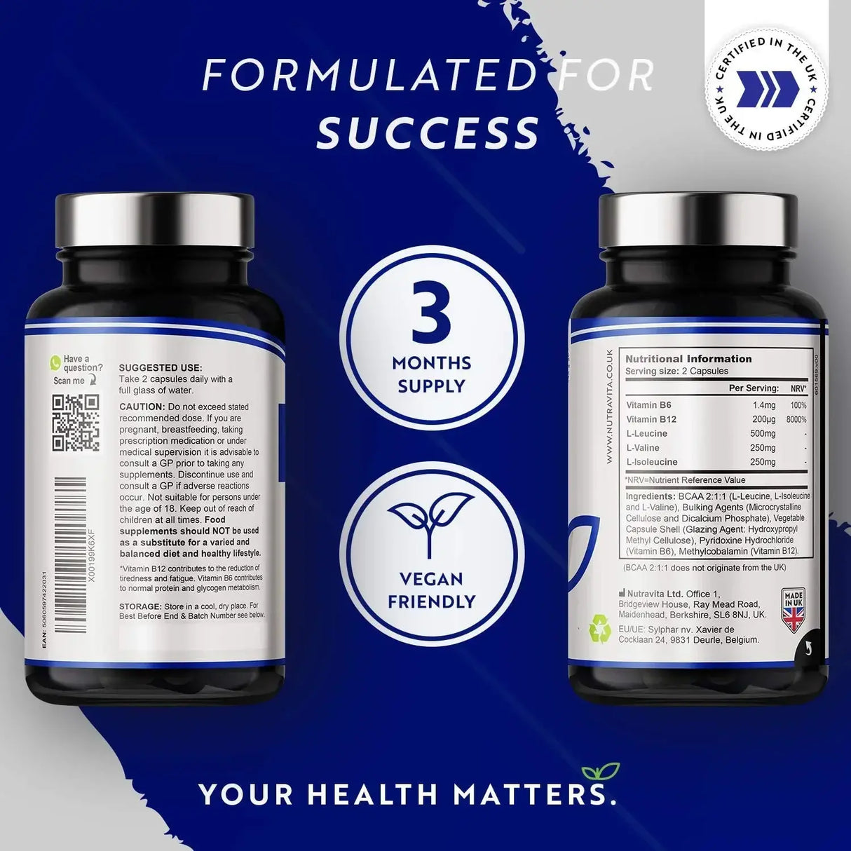 BCAA (2:1:1) z vitaminoma B6 in B12 - 180 Vcaps. <tc>Nutravita</tc>
