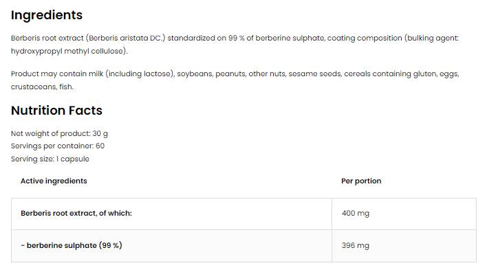 Berberinski sulfat 396 mg | 99% Berberis koreninski ekstrakt 60 kapsul