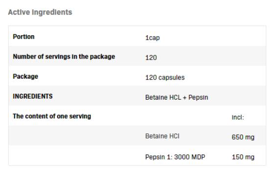 Betaine HCl 650 mg + pepsin - 120 kapsul