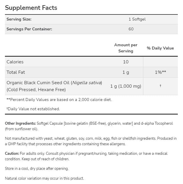 Olje črnega kuminega semena 1000 mg - 60 gel kapsul