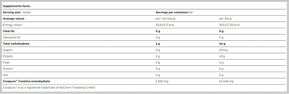 Črna linija kreatin Creapure 2500 mg nič sladkor/60 žvečic