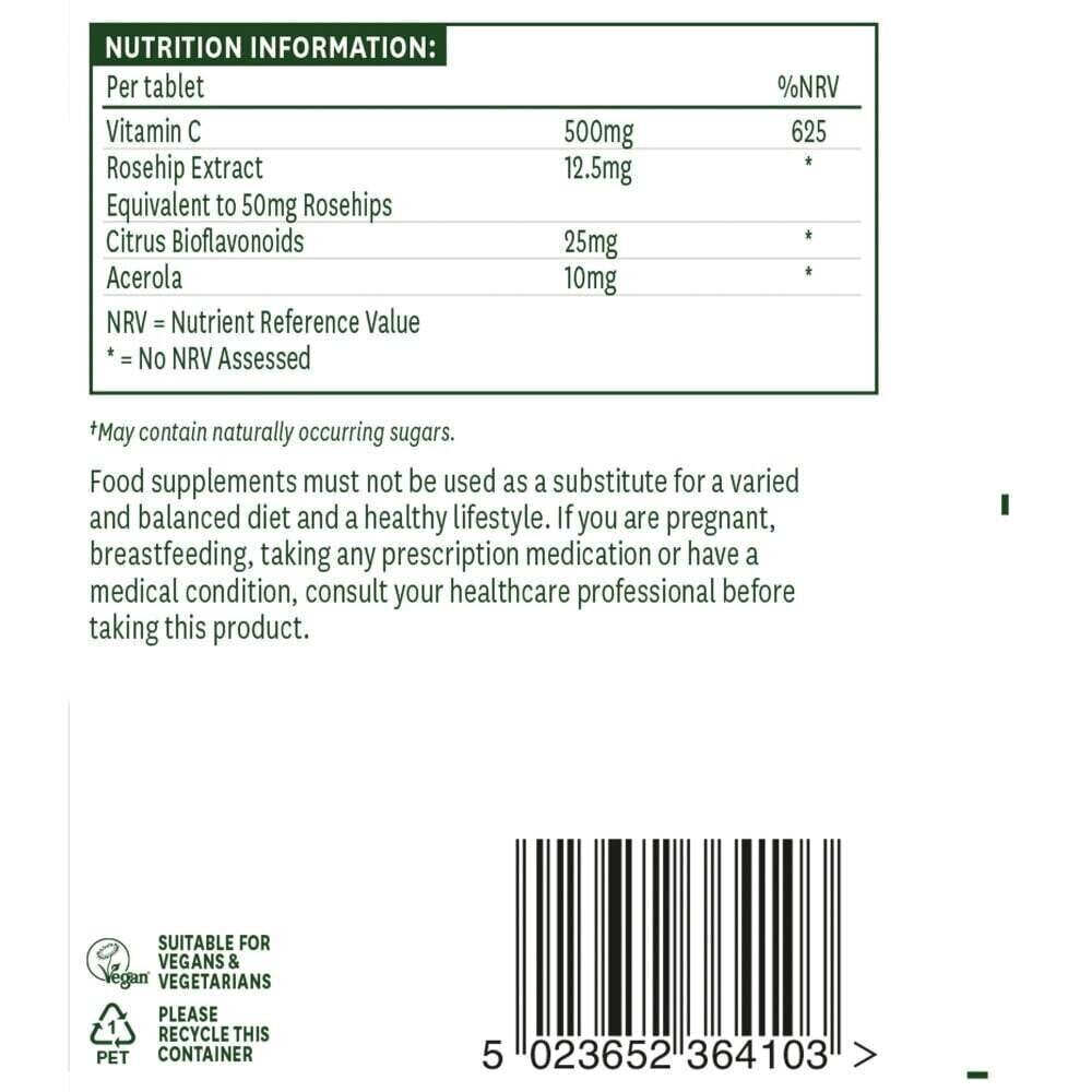 Vitamin C z vrtnimi boki, bioflavonoidi in acerola (vitamin c žvečilni) 500mg 100 žvečilnih tablet Naturesaid