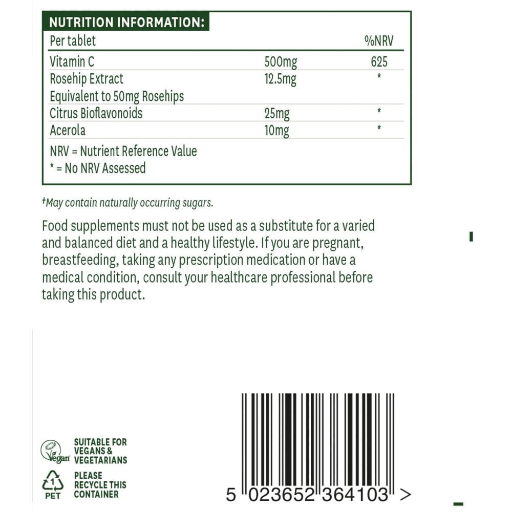 Vitamin C z vrtnimi boki, bioflavonoidi in acerola (vitamin c žvečilni) 500mg 50 žvečilne tablete Naturesaid