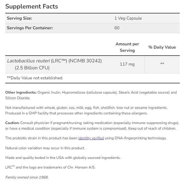 Klinični probiotik zdravja srca | Lactobacillus reuteri LRC ™ 2,5 milijarde - 60 kapsul