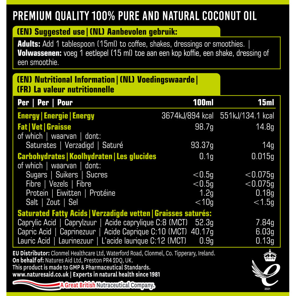 Srednja verižna trigliceridi iz kokosovega olja (100% MCT olje) 500ml Naturesaid