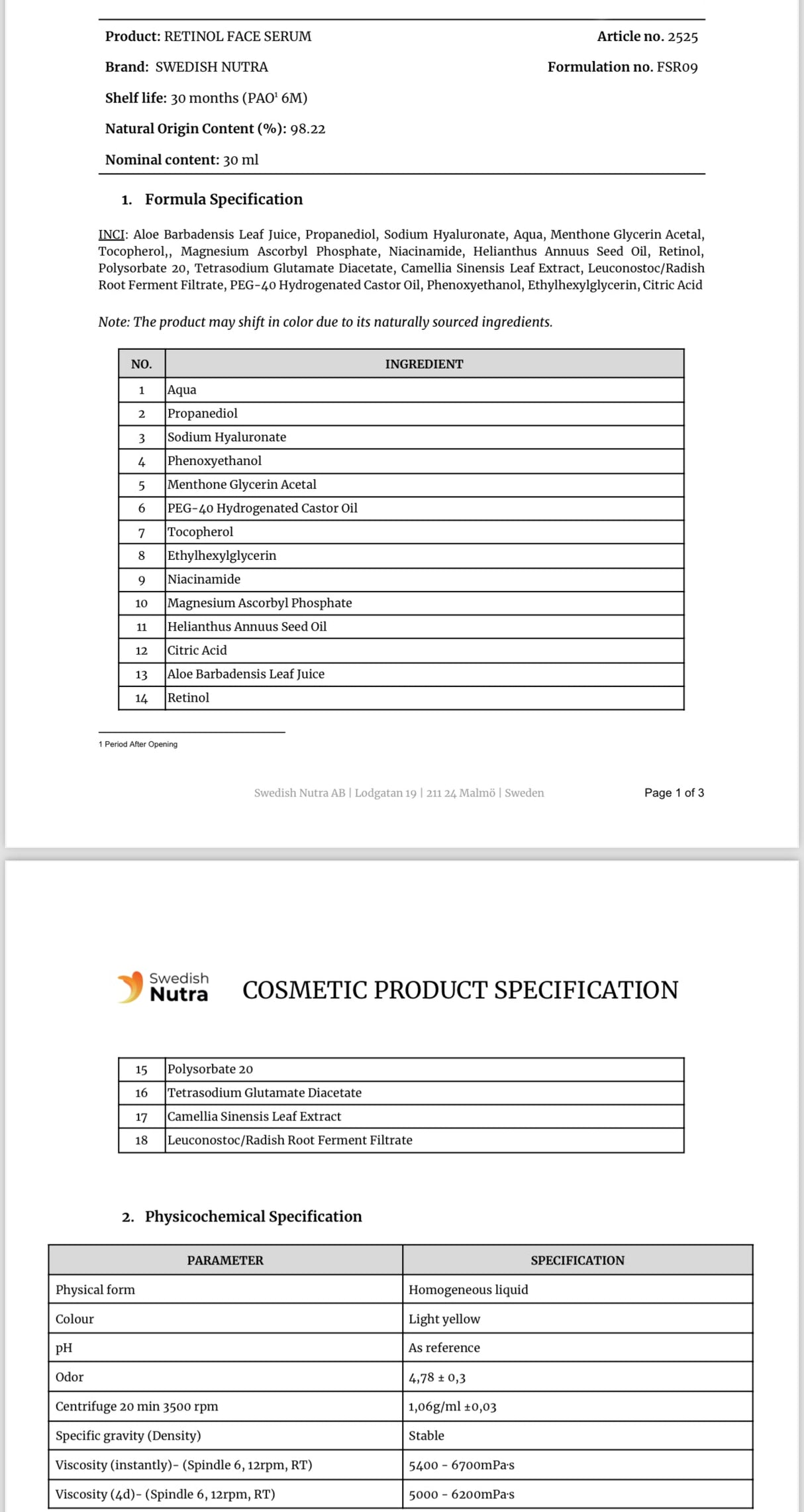 Facial Serum with Retinol, Hyaluron and Collagen 30 ml Swedish Nutra - Nutra Best Europe