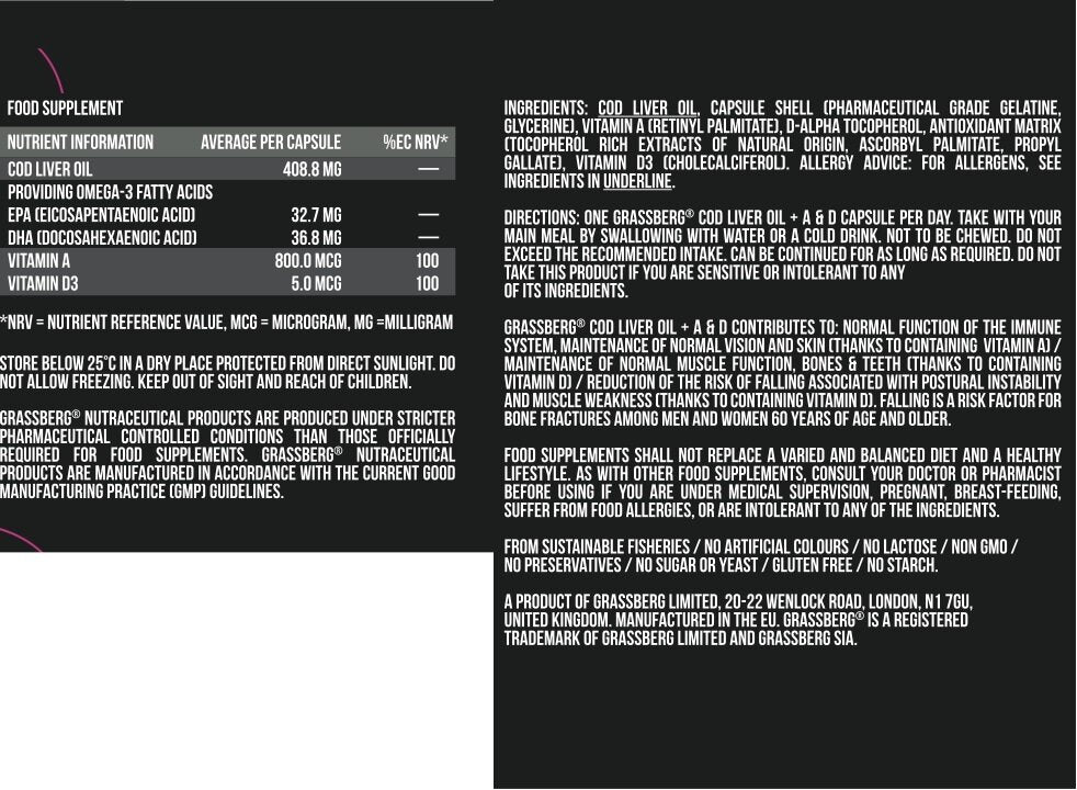 Grassberg Cod jetrna olje + A + D 60 softgeli