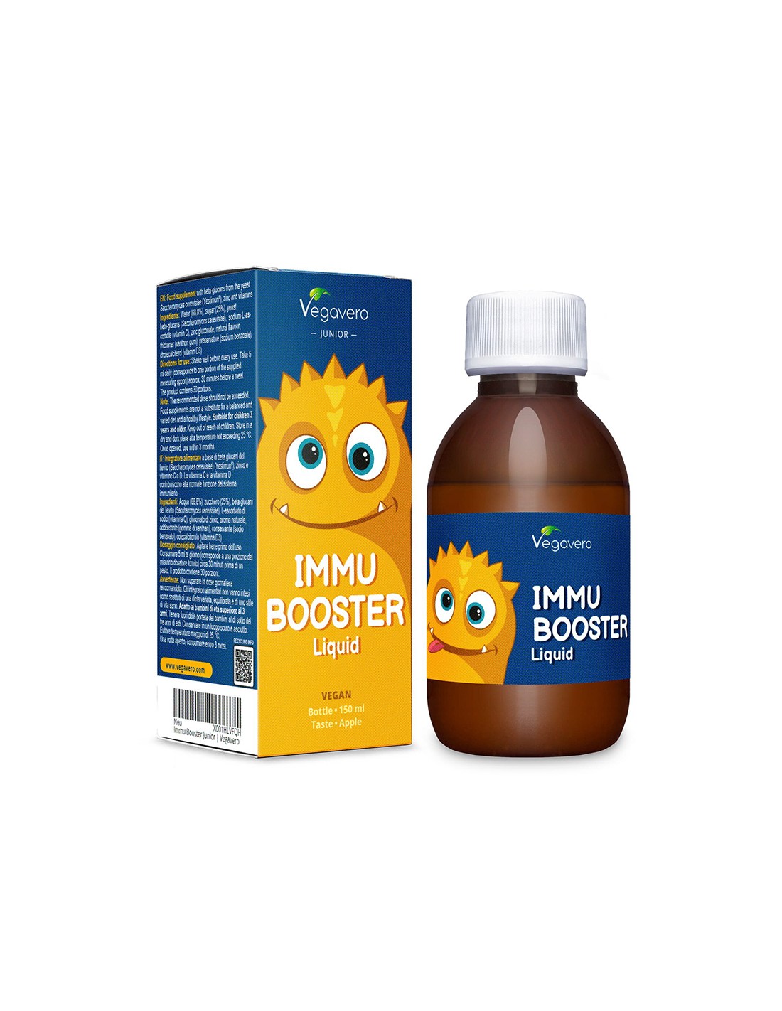 Immu Booster tekočina - imunski ojačevalni sirup za otroke z beta glukani, cink + vitamin C in D3, 150 ml, jabolčni okus