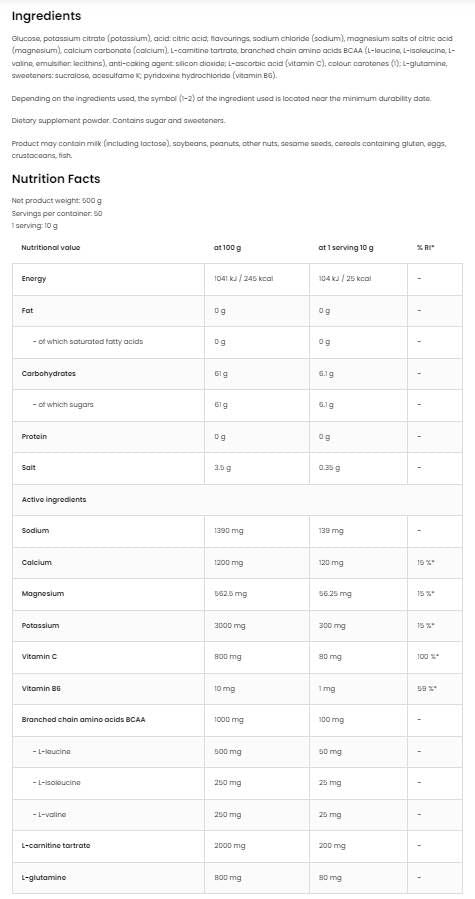 Izotonični prah + BCAA, L-karnitin, L-glutamin-500 gramov
