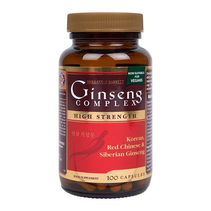 Kompleks Ginseng (korejski, rdeči kitajski in sibirski ginseng) 100 kapsul Holland & Barrett