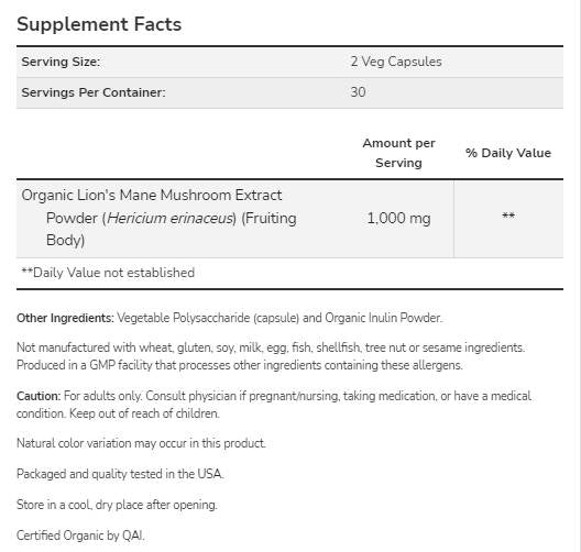 Lion's Mane 500 mg | Izdelana z gobami organske levine - 60 kapsul