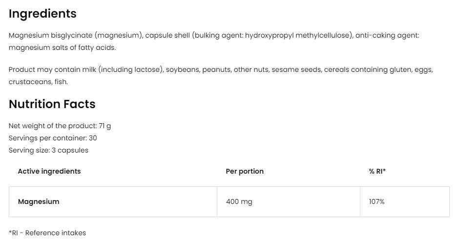 Magnezijev glicinat | 400 mg serviranja magnesiuim bisglicinata 90 kapsul