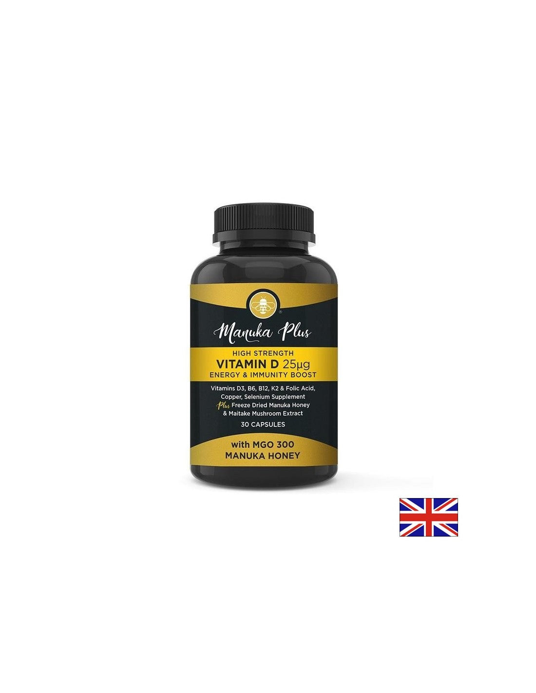 Manuka plus visoka trdnost Vitamin D3 25 µg energije in imunske povečave / formula za močno imuniteto z medom Manuka, 30 kapsul