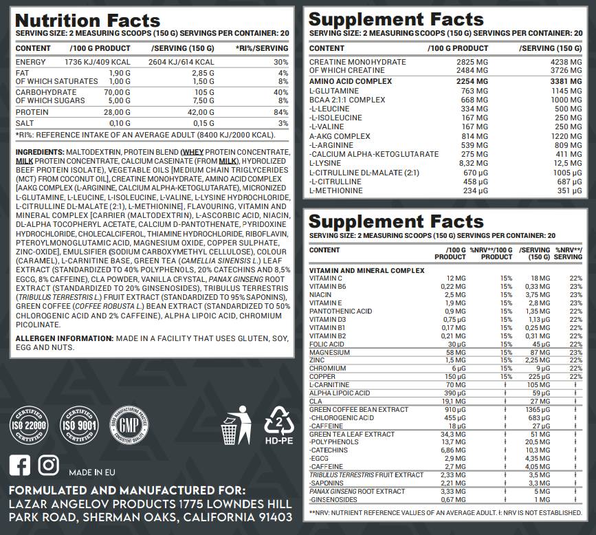 Masivni dobiček | z kreatinom, aminokislinami in vitamini - 3000 gramov