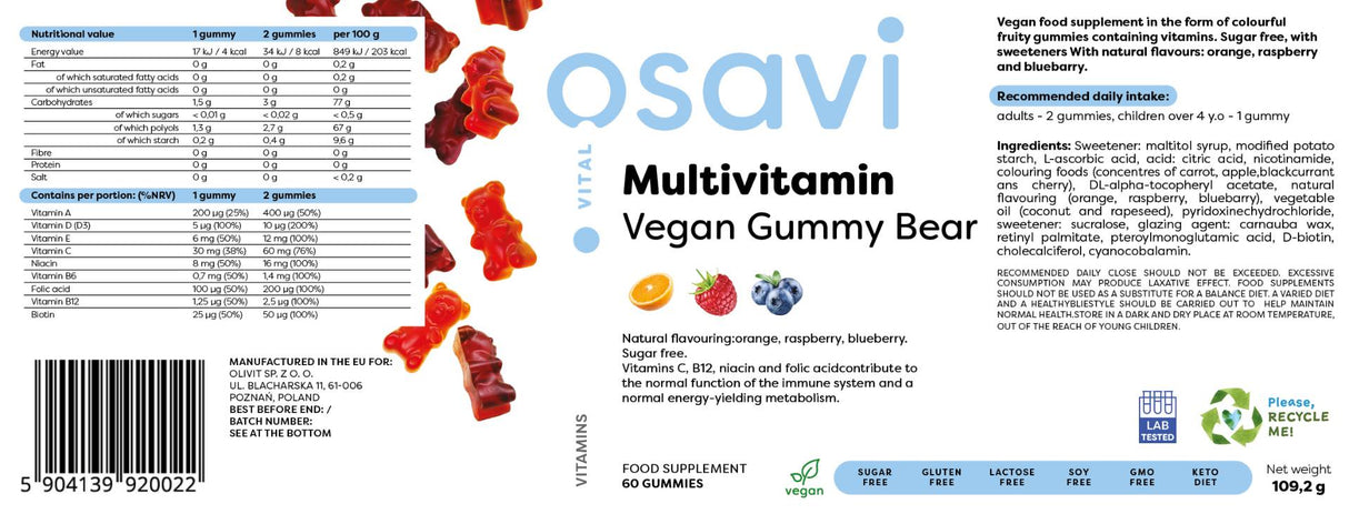 Multivitamin veganski gumijasti medved | Oranžna, malina, borovnica - 60 gumijastih bombonov