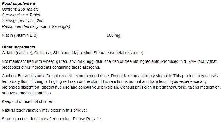 Niacin 500 mg - 250 tablet
