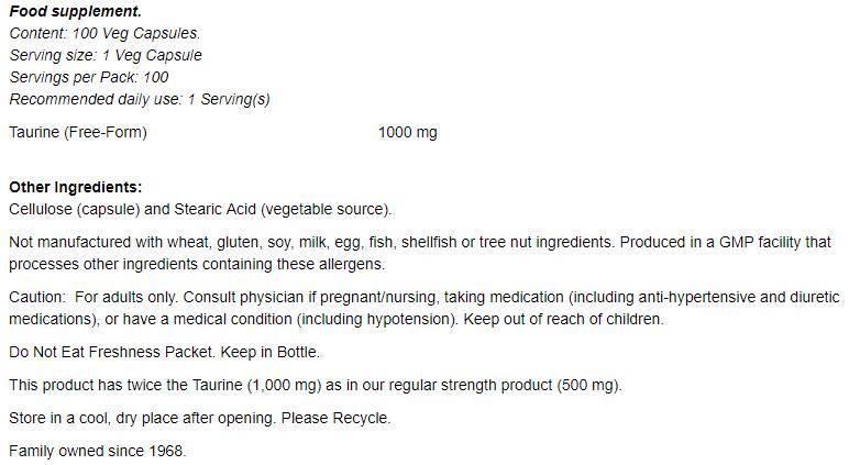 Taurin 1000 mg / dvojna trdnost - 250 kapsul