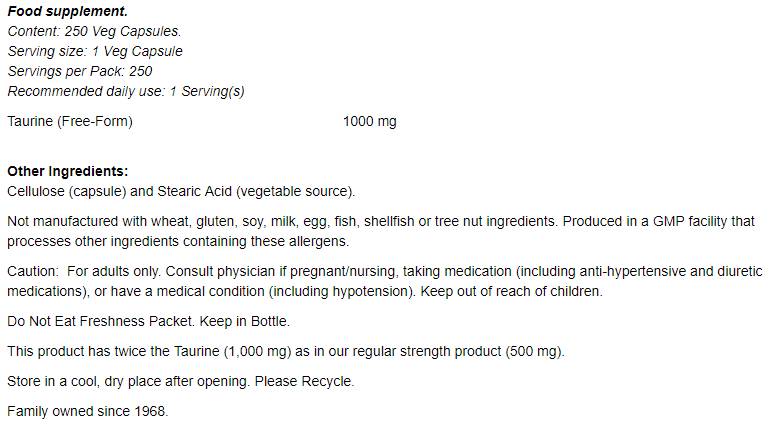 Taurin 1000 mg / dvojna trdnost - 250 kapsul