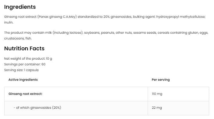 Panax ginseng 110 mg | Koreninski ekstrakt 60 kapsul