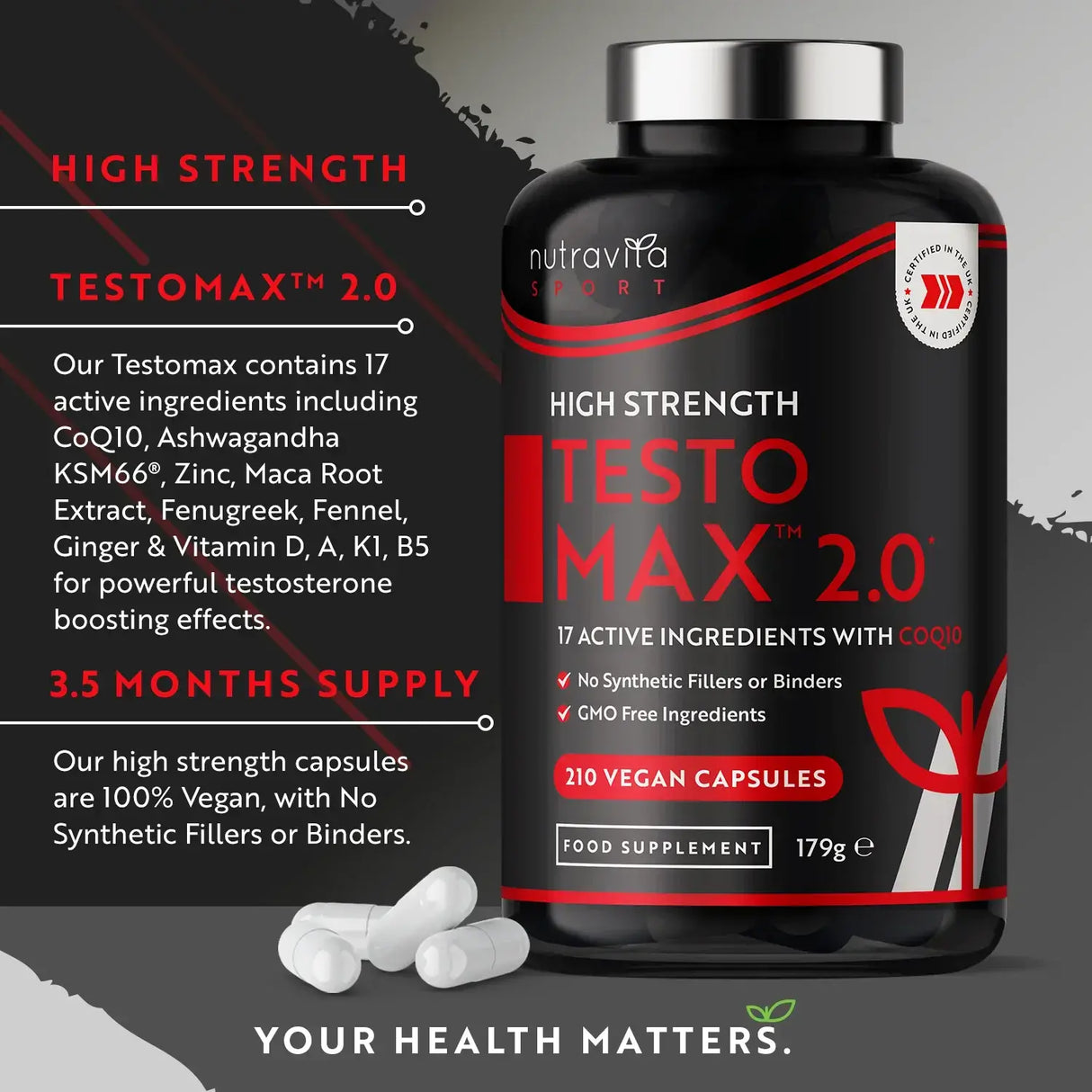 TESTOMAX™ 2.0 /210 kapsul, 105 dni/ z Ashwagandho KSM 66®, CoQ10 in korenino Maca <tc>Nutravita</tc>