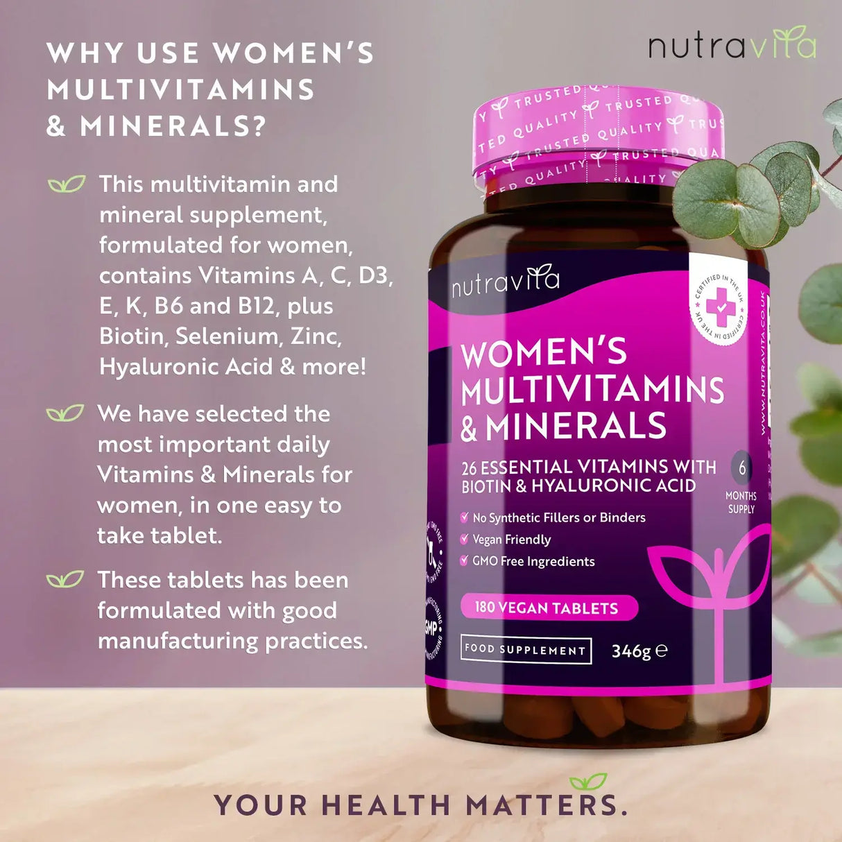 Ženske multivitamine z biotinom in hialuronsko kislino 180 veganskih tablet