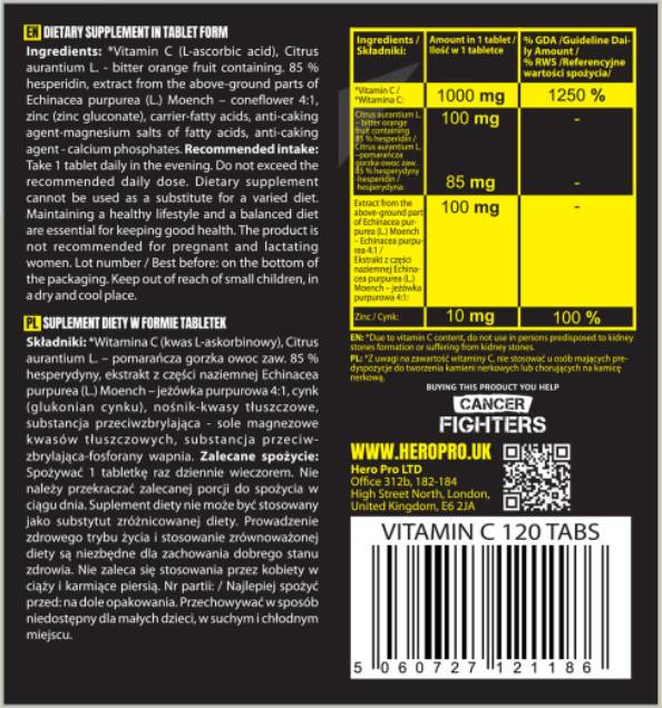 Vitamin C 1000 mg + Bioflavonoids | with Echinacea + Zinc - 120 Tablets - Nutra Best Europe