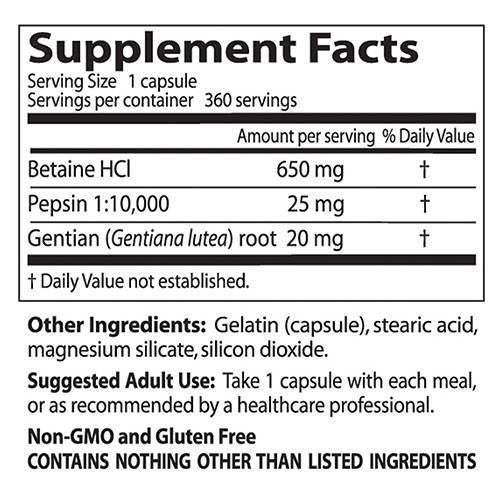 Najboljši Betaine HCl 650 mg / s pepsin & Gentian Bitters - 360 kapsul