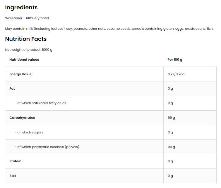 Eritritol / sladkor brez sladkorja - 1000 gramov