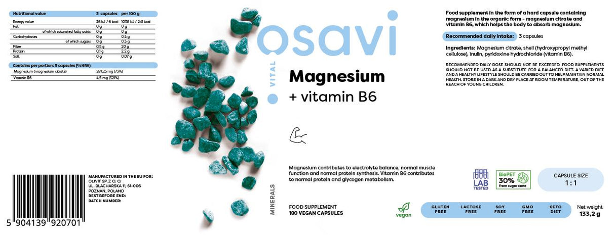 Magnezijev citrat + vitamin B6 - 180 kapsul
