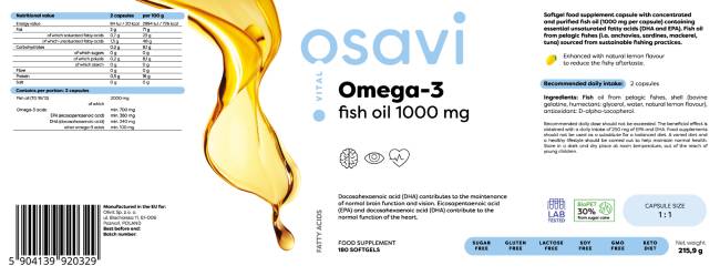 Omega 3 ribje olje 1000 mg / limonin okus - 180 gel kapsul