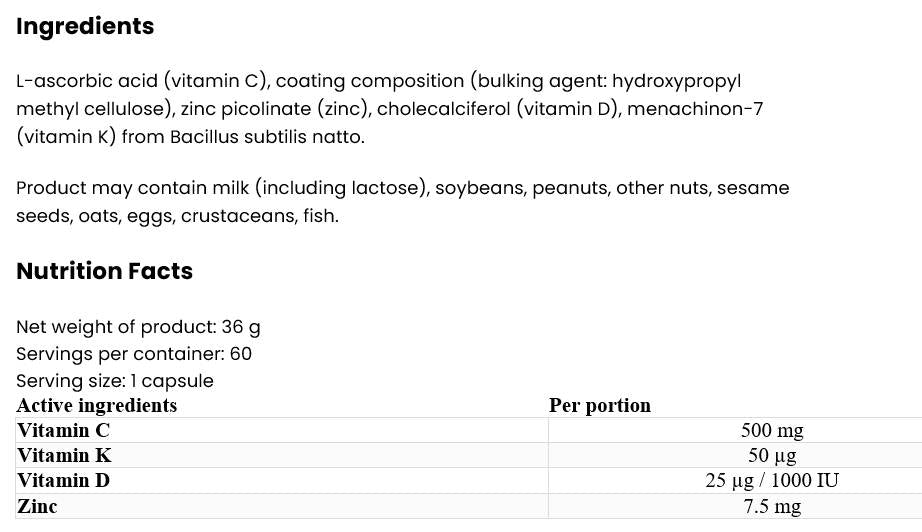 Vitamin D3 2000 + K2 MK-7 / + vitamin C + cink 60 kapsule