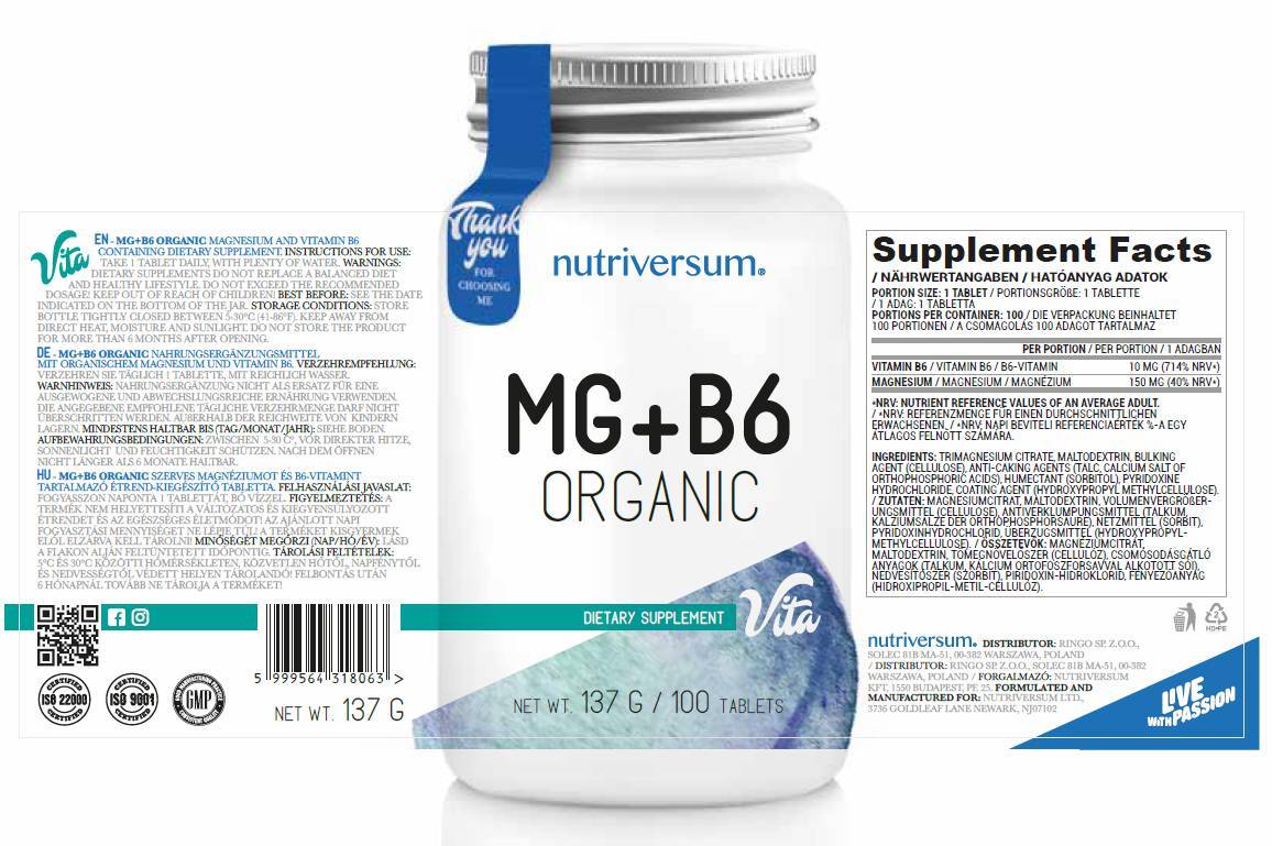 MG + B6 | Organski magnezij + vitamin B6 - 60 tablet