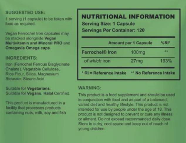 Vegan Ferrochel | Kelirano železo 27 mg - 120 kapsul