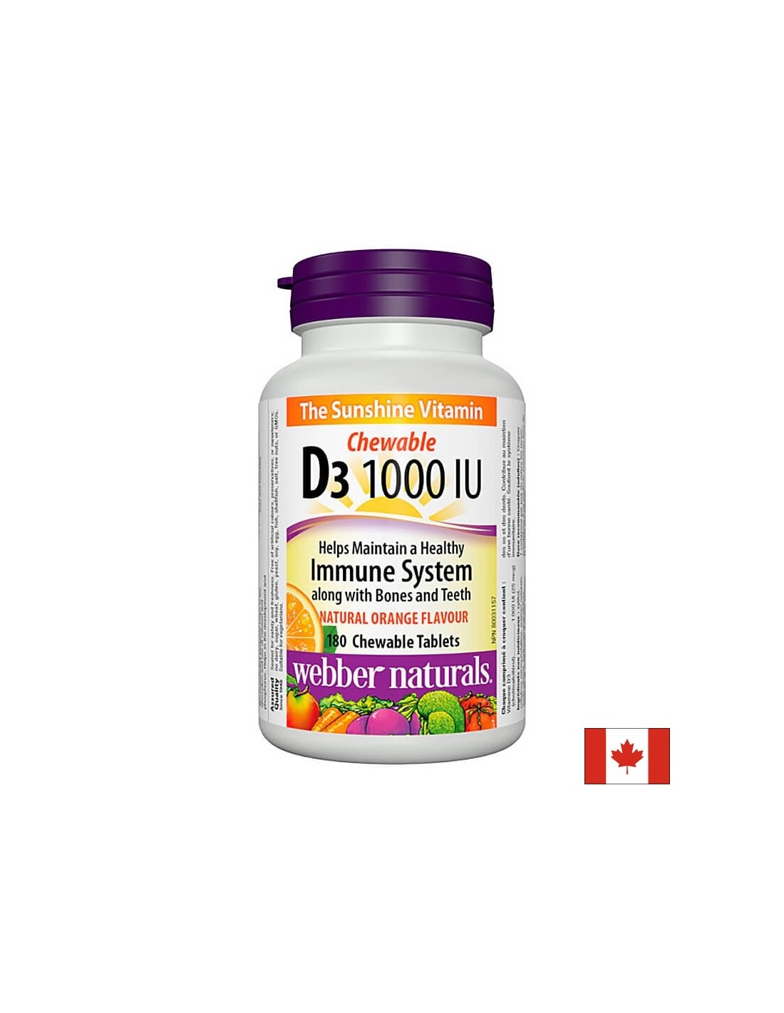 Zdrave kosti in zobje - vitamin D3 1000 IE, 180 žvečljivih tablet <tc>Webber Naturals</tc>