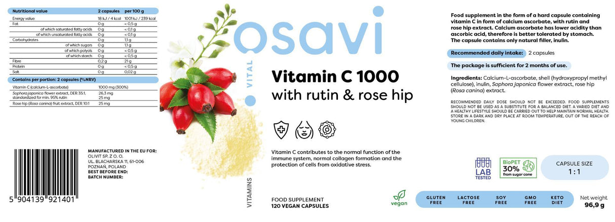 Vitamin C 1000 | z rutin & rose hip - 180 kapsul