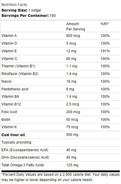 Olje jeter Cod 500mg | Z več vitamini - 180 gel kapsul
